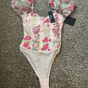 Lulu's Pink and Green Floral Bodysuit with Sweetheart Neckline